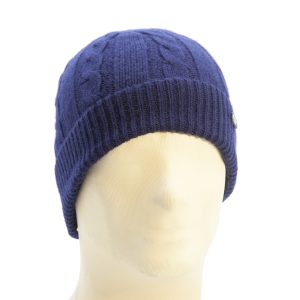 Cuffia in puro cashmere blu, a treccia
