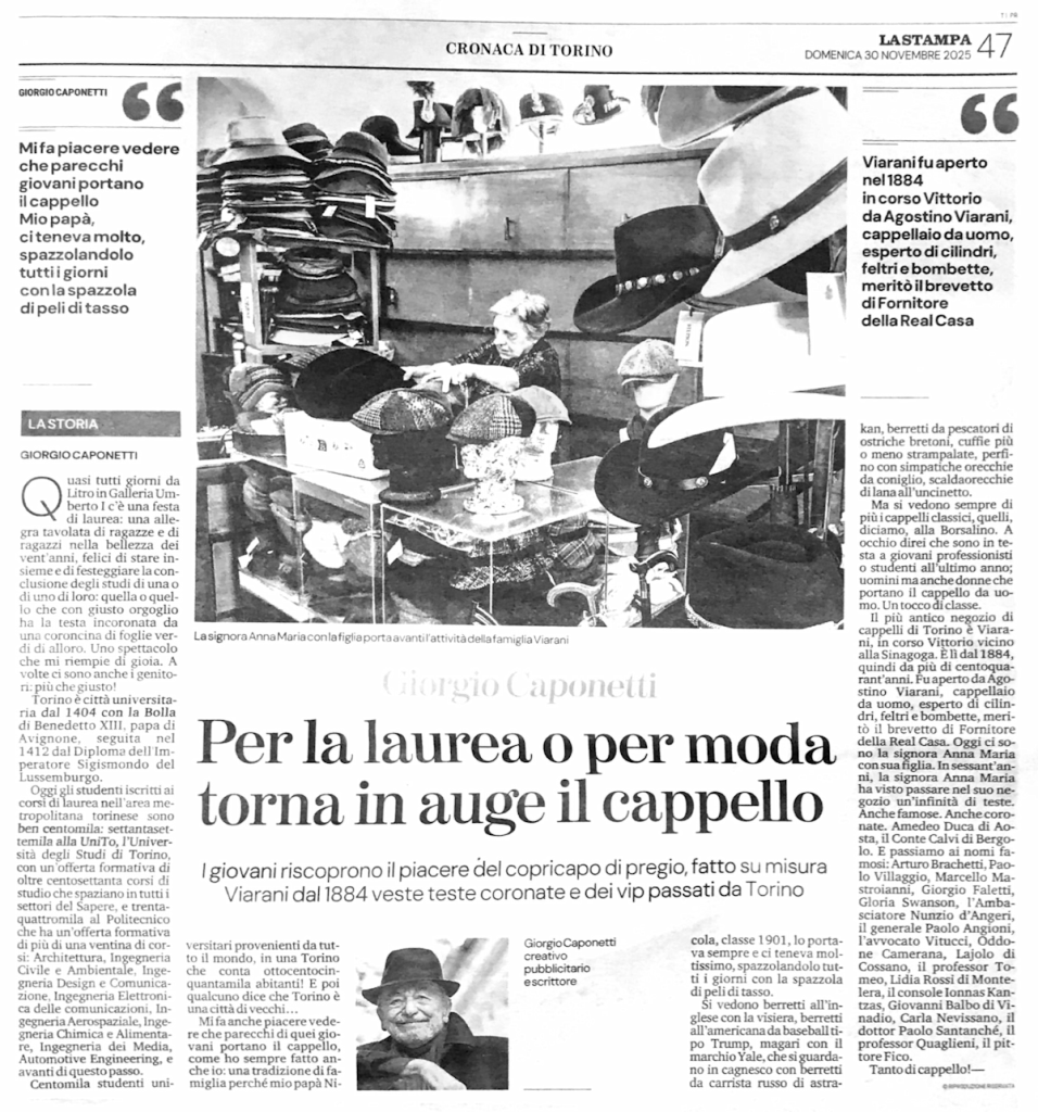 Articolo Caponetti per La Stampa Immagine dell'articolo Di Giorgio Caponetti relativo alla cappelleria Viarani pubblicato sul quotidiano La Stampa di domenica 30 novembre 2025.