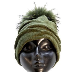 Cuffia in lana con balze, verde oliva, foderata pile