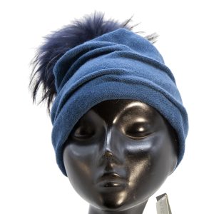 Cuffia in lana pavone, foderata pile con pom pom